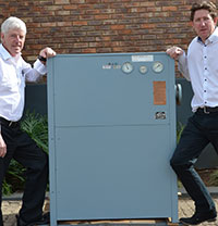 From l: Allen Cockfield and Paul Cockfield with the Kellair compressed air dryer launched in 1976 and sold to the Timken Bearings Company in Benoni by Allen.